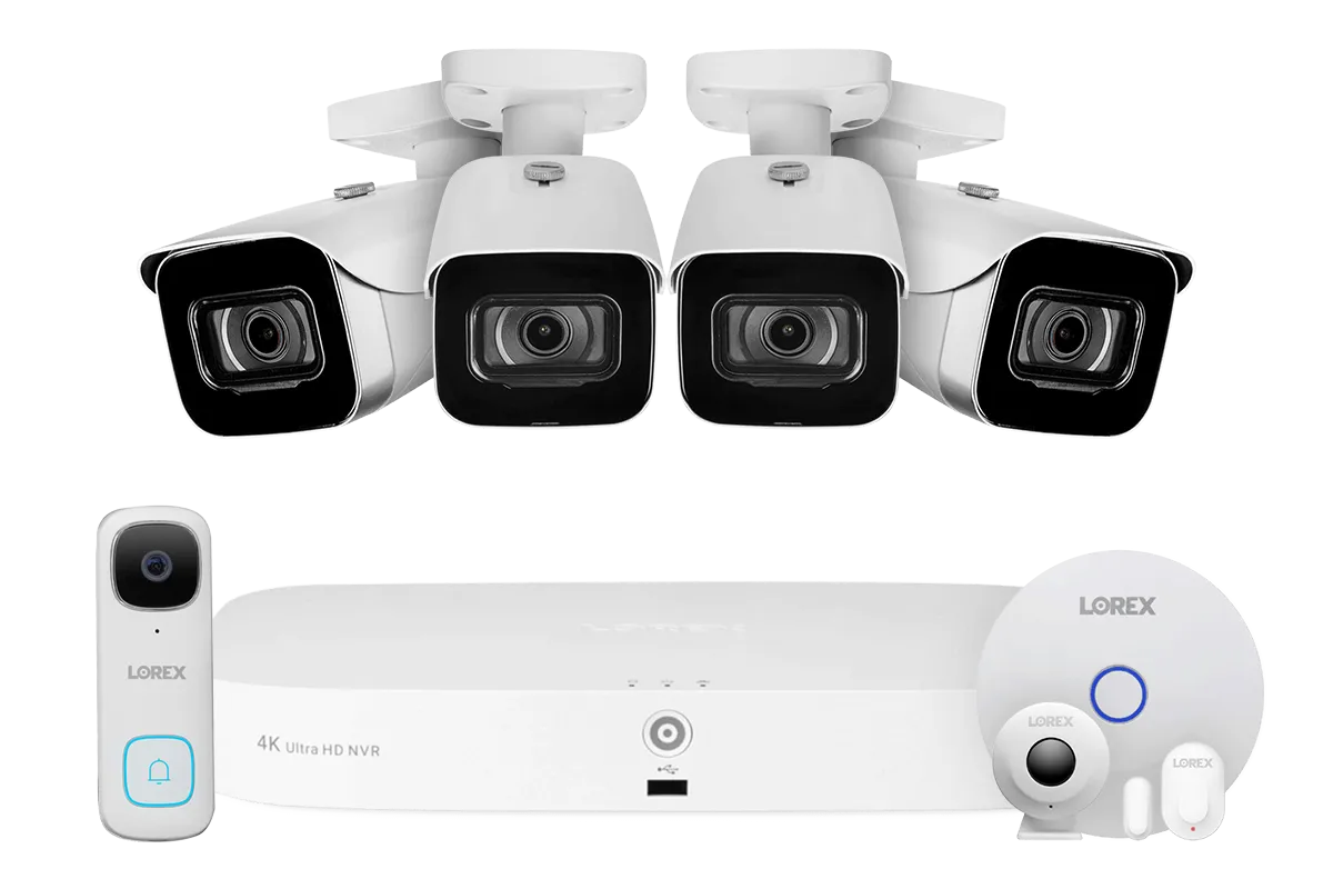 8-Channel NVR Fusion System with Four 4K (8MP) IP Cameras, 2K Wi-Fi Video Doorbell, and Smart Sensor Starter Kit