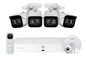 8-Channel NVR Fusion System with Four 4K (8MP) IP Cameras, 2K Wi-Fi Video Doorbell, and Smart Sensor Starter Kit
