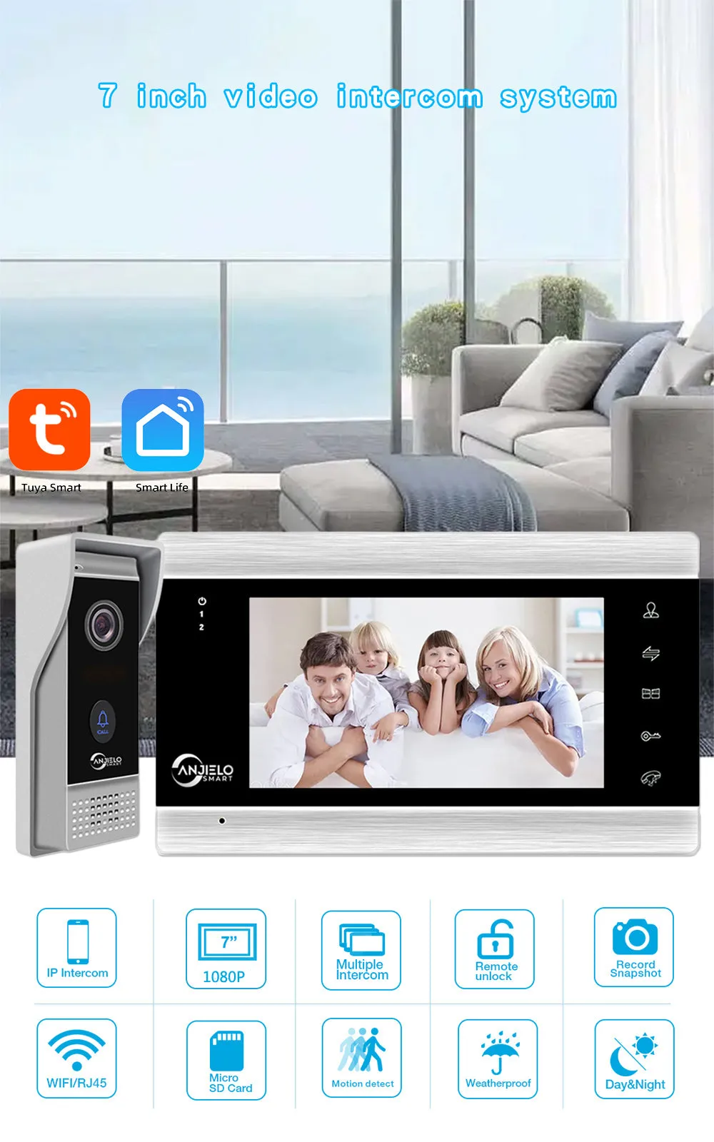 AnjieloSmart 7inch Monitor Video Intercoms Home Security System Video Doorbell Camera Remote Controlling