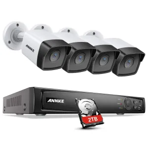 ANNKE 5MP PoE Home Security Camera System H.265  8CH Ultra HD 4K NVR, 4X 5MP Outdoor PoE IP Cameras, Starlight Color Night Vision, 2TB HDD for Long Time Recording, Support ONVIF Motion Detection