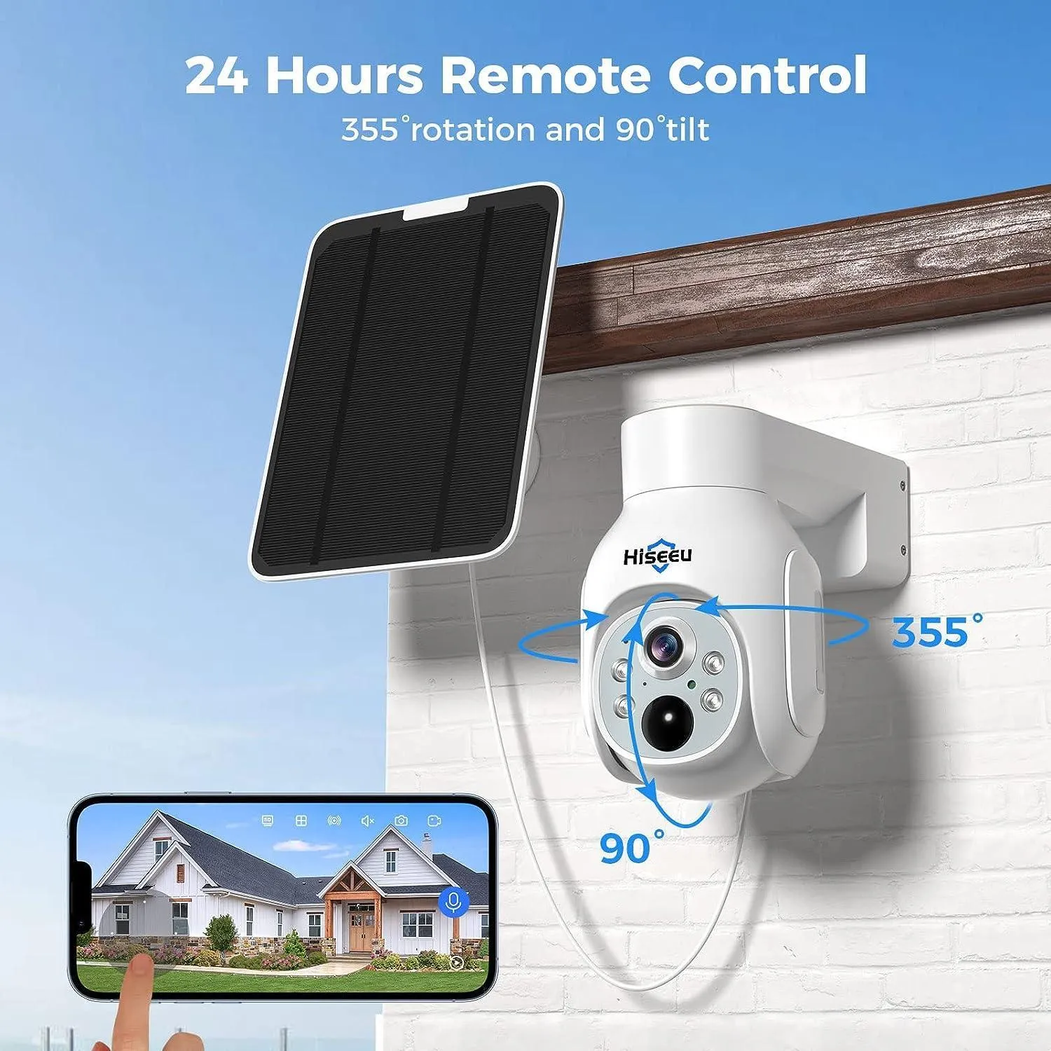 Hiseeu Solar Security Camera Outdoor, 4MP Wireless Battery Camera, PTZ 360° View, PIR Motion Detection, Color Night Vision, IP66, 2-Way Audio, 2.4G WiFi, Compatible with Alexa