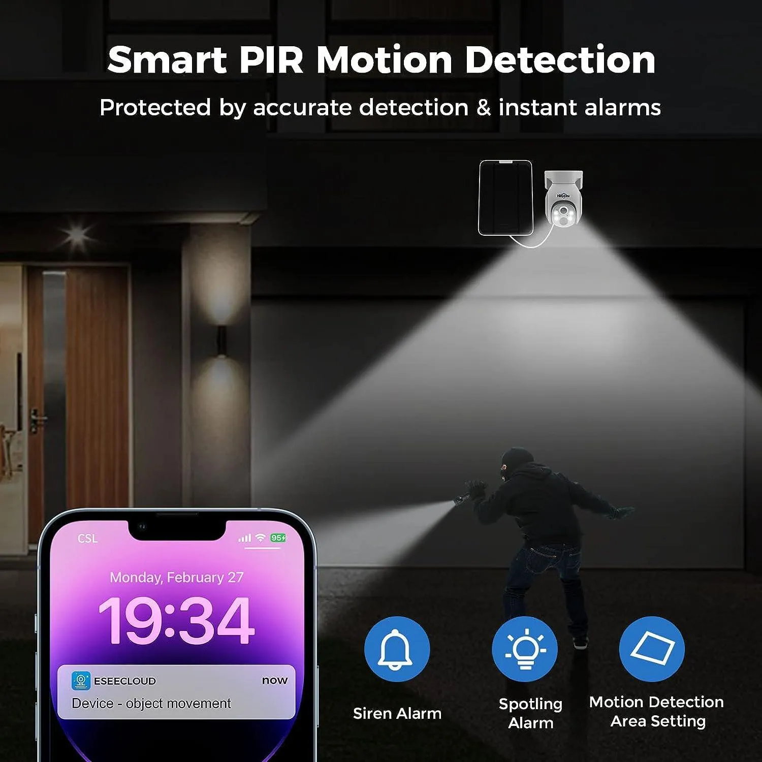 Hiseeu Solar Security Camera Outdoor, 4MP Wireless Battery Camera, PTZ 360° View, PIR Motion Detection, Color Night Vision, IP66, 2-Way Audio, 2.4G WiFi, Compatible with Alexa