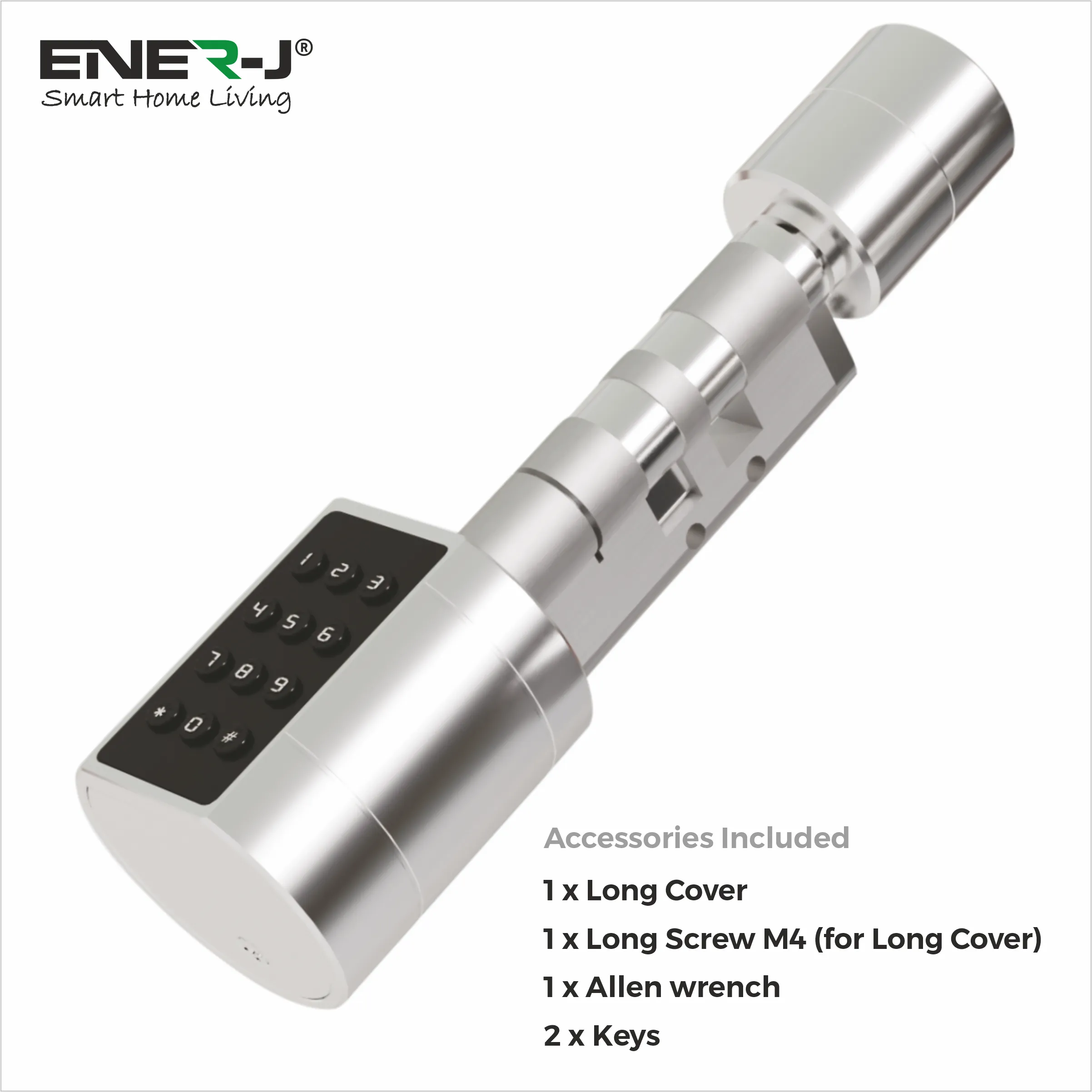 Smart Adjustable Cylinder Lock with Fingerprint & Keypad, Ideal for Any Doors of 35mm - 70mm, Colour: Silver