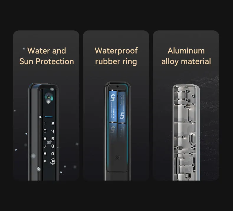 Smart Doorlock With Peephole Camera, Works with fingerprint, Passcodes, APP control, RFID Cards & Mechanical Keys, Black housing, IP65
