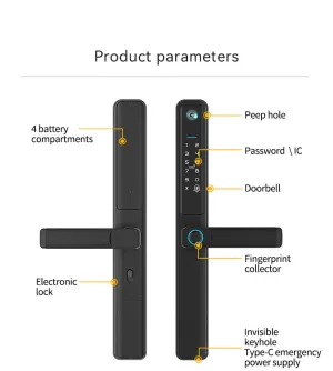Smart Doorlock With Peephole Camera, Works with fingerprint, Passcodes, APP control, RFID Cards & Mechanical Keys, Black housing, IP65