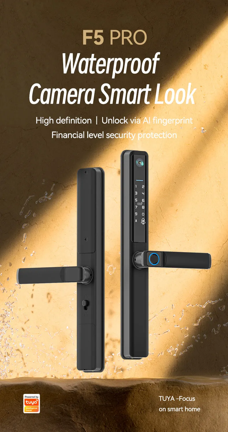 Smart Doorlock With Peephole Camera, Works with fingerprint, Passcodes, APP control, RFID Cards & Mechanical Keys, Black housing, IP65