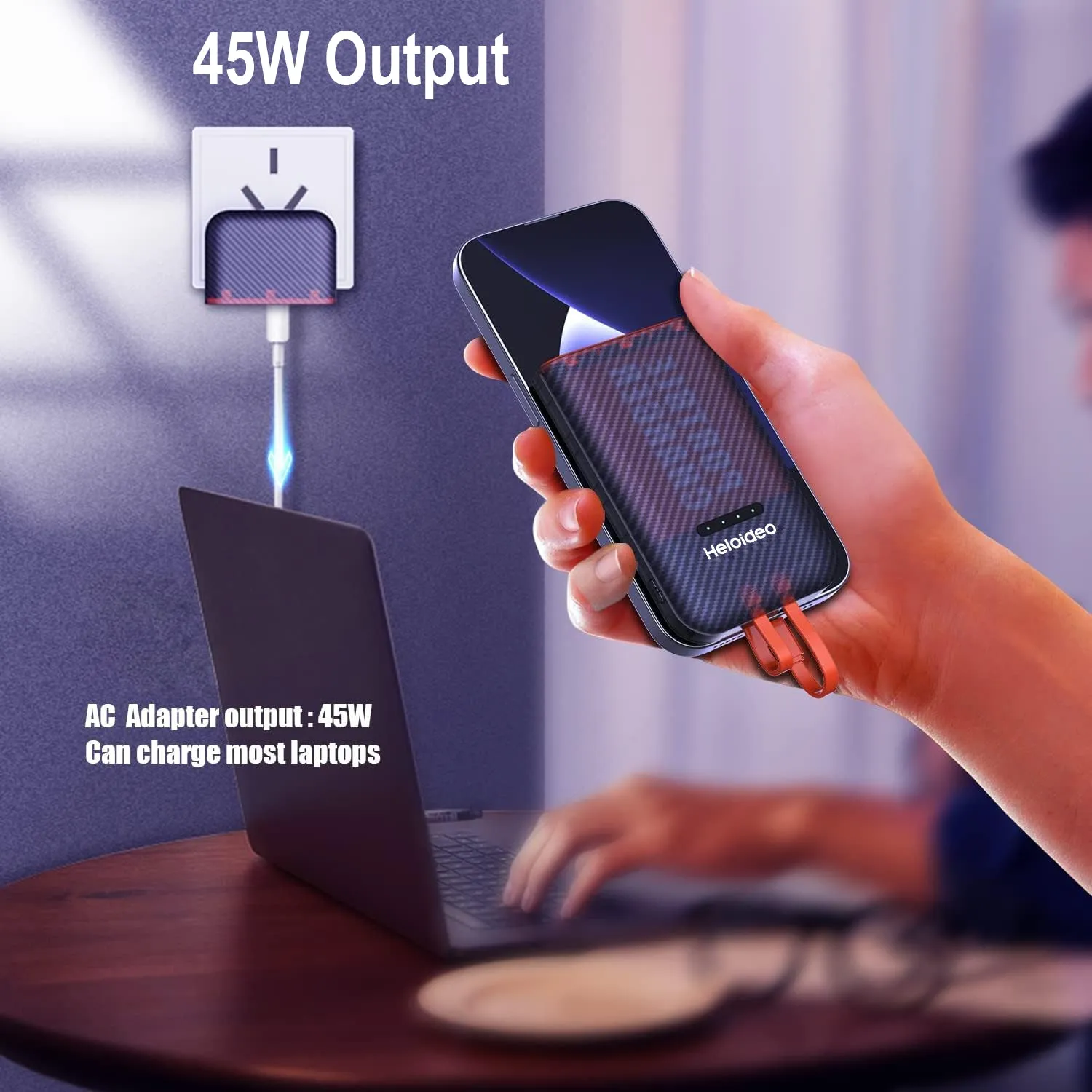 USA AC plug-in 10000mAh power bank with charging cable 45W PD charger heloideoPB174