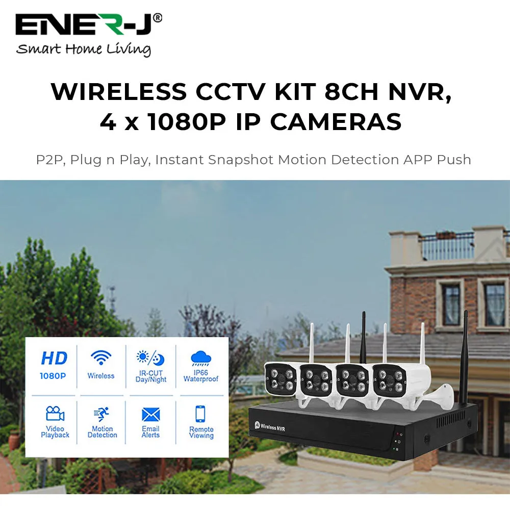 Wireless Security CCTV System with 4 IP Cameras, 8CH NVR, Smart Motion-Triggered Alerts, IP66 Weatherproof, Easy Remote Access