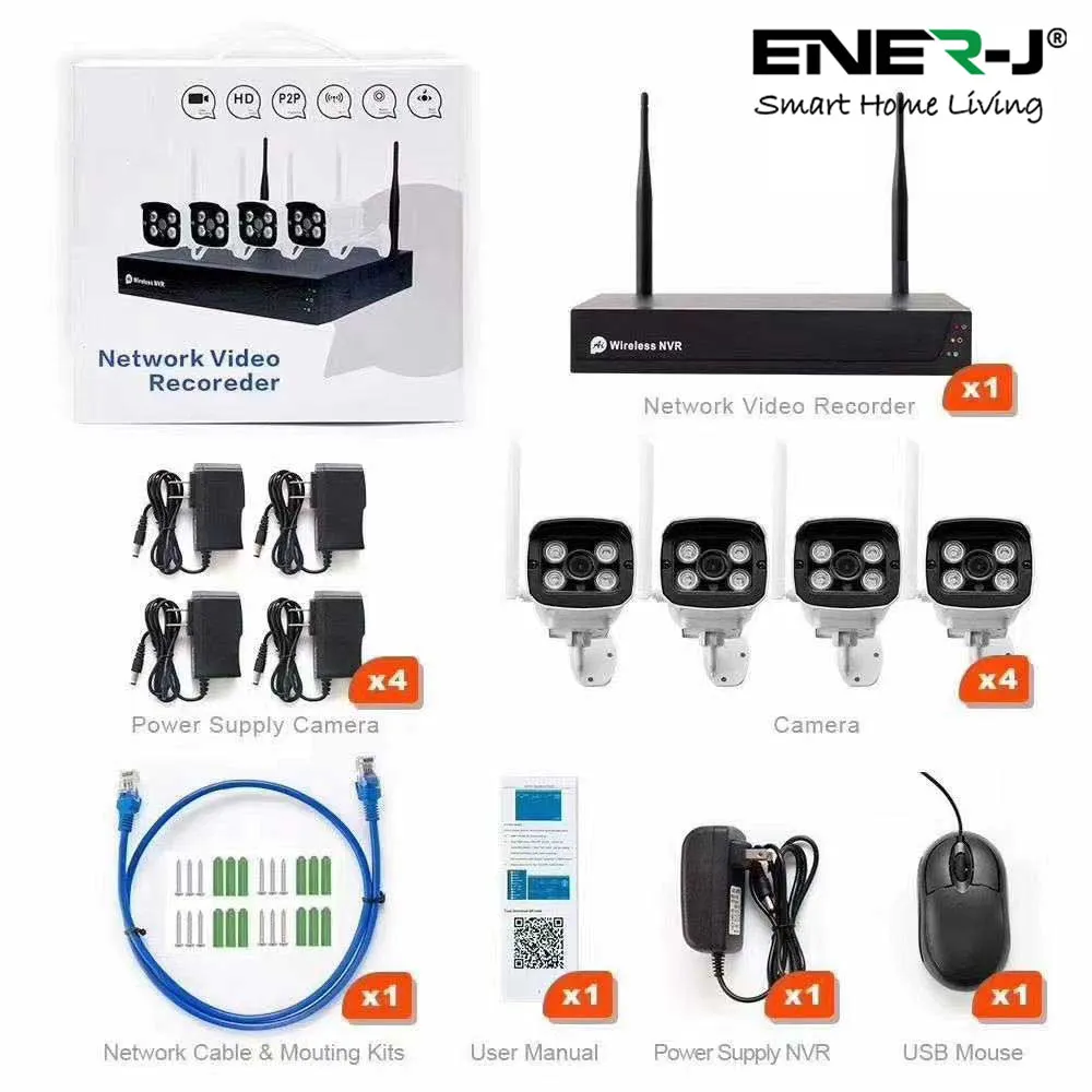 Wireless Security CCTV System with 4 IP Cameras, 8CH NVR, Smart Motion-Triggered Alerts, IP66 Weatherproof, Easy Remote Access